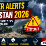 Weather Alerts in Pakistan 2026 showing dark storm clouds, heavy rainfall, and safety warning concept.