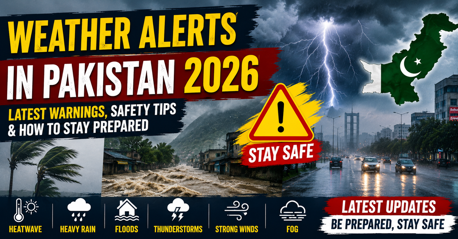 Weather Alerts in Pakistan 2026 showing dark storm clouds, heavy rainfall, and safety warning concept.