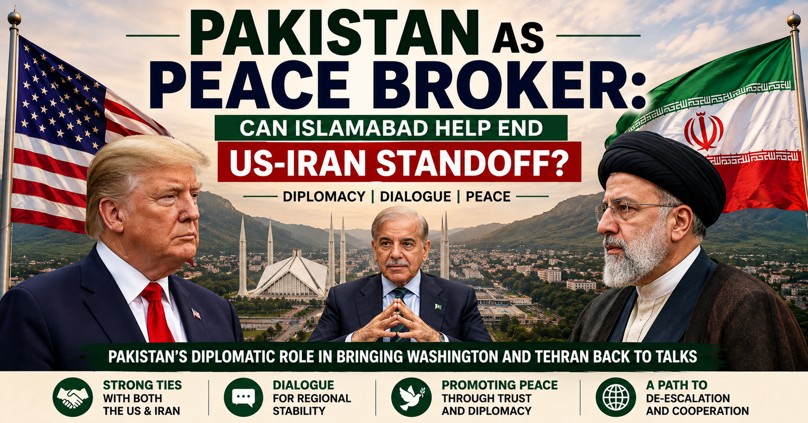 Pakistan as a peace broker in the US-Iran standoff, showing Islamabad’s diplomatic role in promoting dialogue and regional peace.